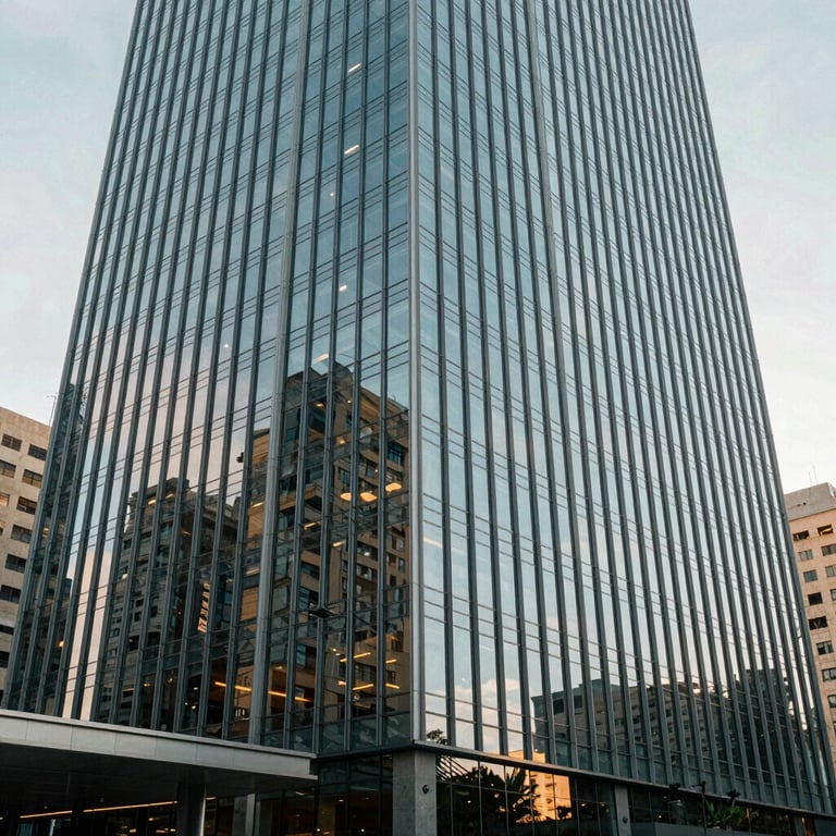 The exterior of a modern glass office building in a major Brazilian business district.