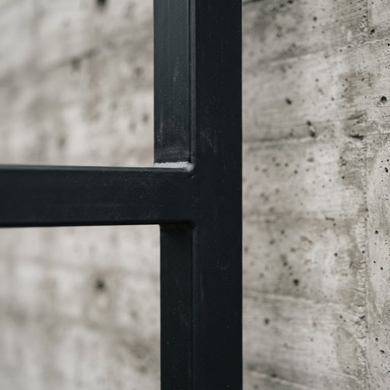 Macro architectural photography of a clean minimalist matte black metal gate joint, overcast daylight, desaturated industrial tones, showing perfect seamless weld