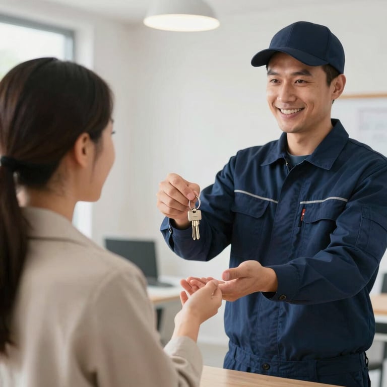 A satisfied customer in a modern North American setting receiving their keys back from a technician in a dark blue uniform.