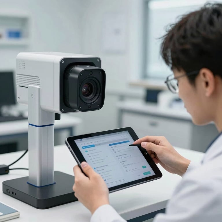 A technician using a digital tablet to calibrate a modern vehicle's ADAS camera system in a bright workshop.