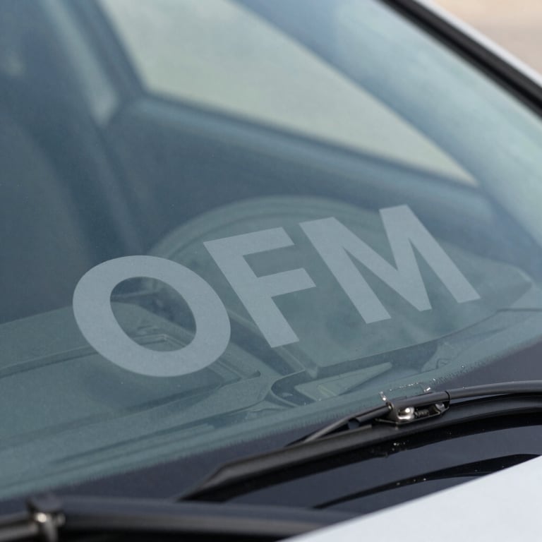 Detail shot of a certified OEM glass logo etched into the corner of a crystal-clear new windshield.