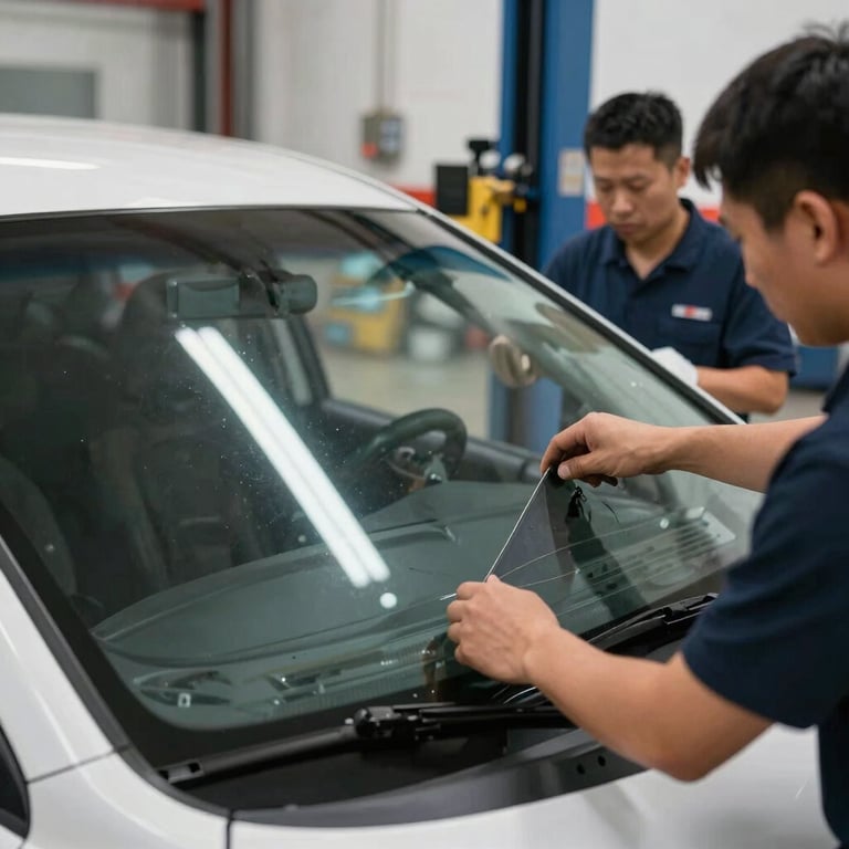 A high-quality windshield being carefully lowered into place by two professional technicians in a North American service bay.
