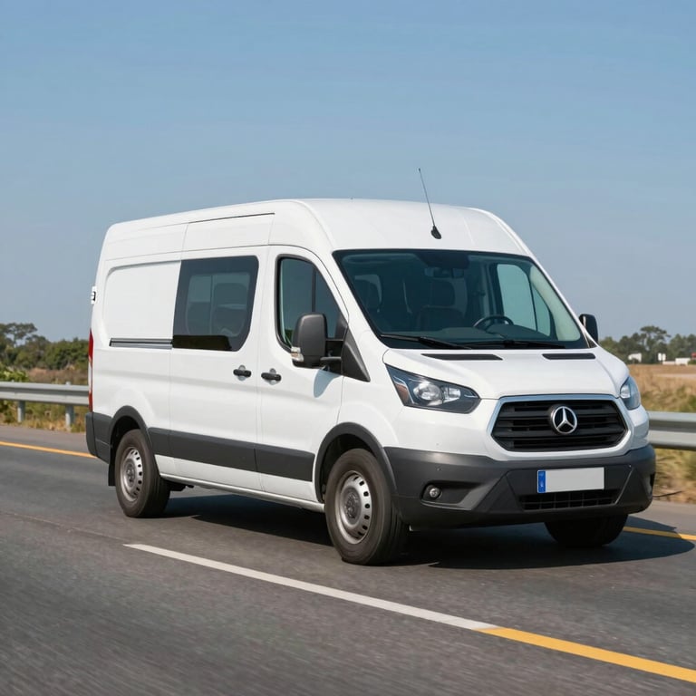 A branded mobile service van driving safely along a clean North American highway during a clear, sunny day.