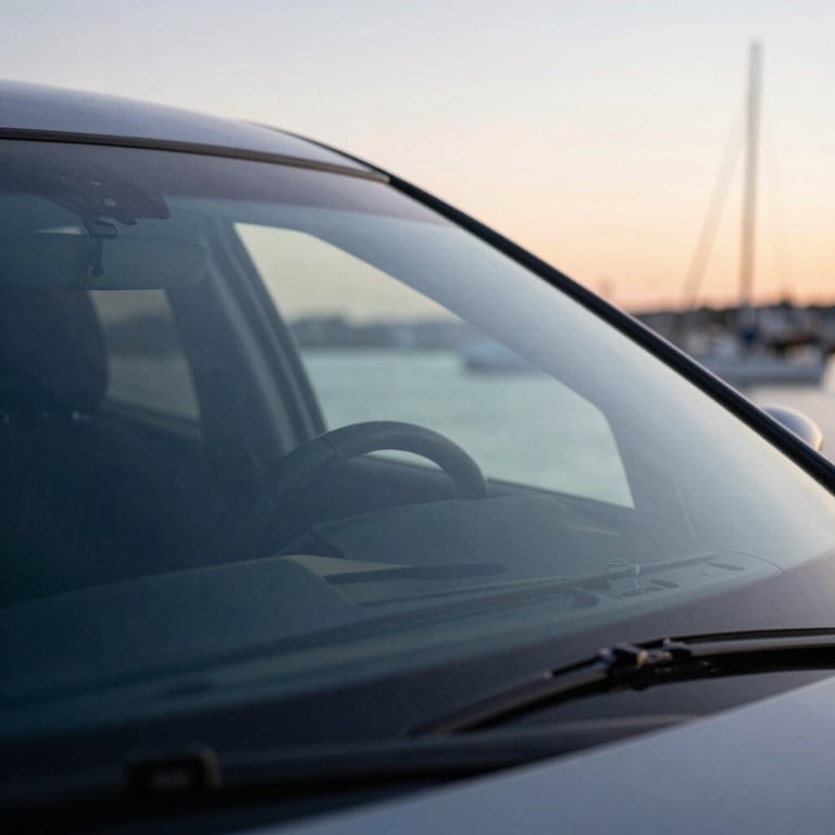 A close-up of a pristine windshield reflecting a calm, safe harbor at dusk with soft lighting.
