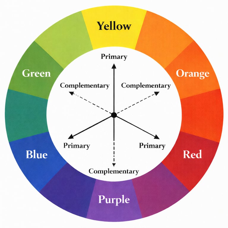 A circular color wheel diagram showing primary and complementary colors with labeled arrows for art theory.