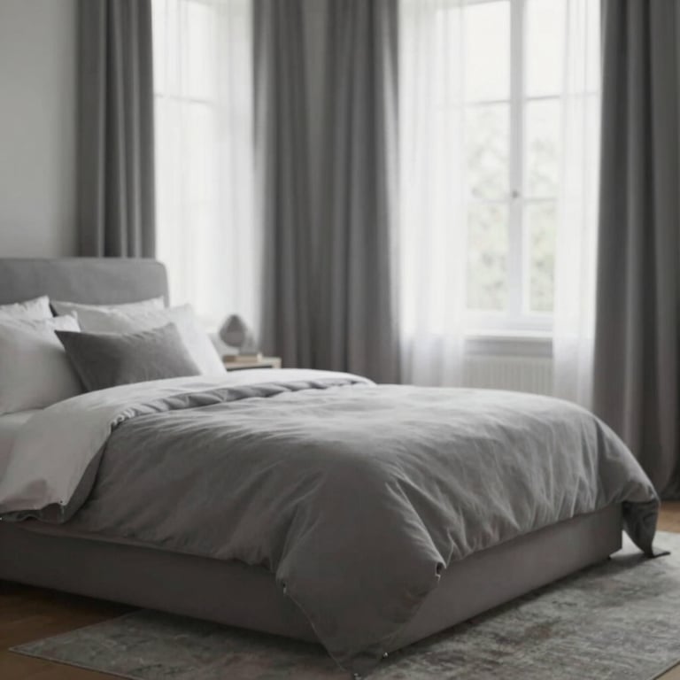 Serene master bedroom featuring soft natural light and sophisticated gray textiles.