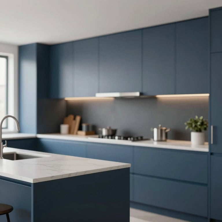 A sleek, modern kitchen with high-end fixtures and #2B3E51 cabinetry accents.