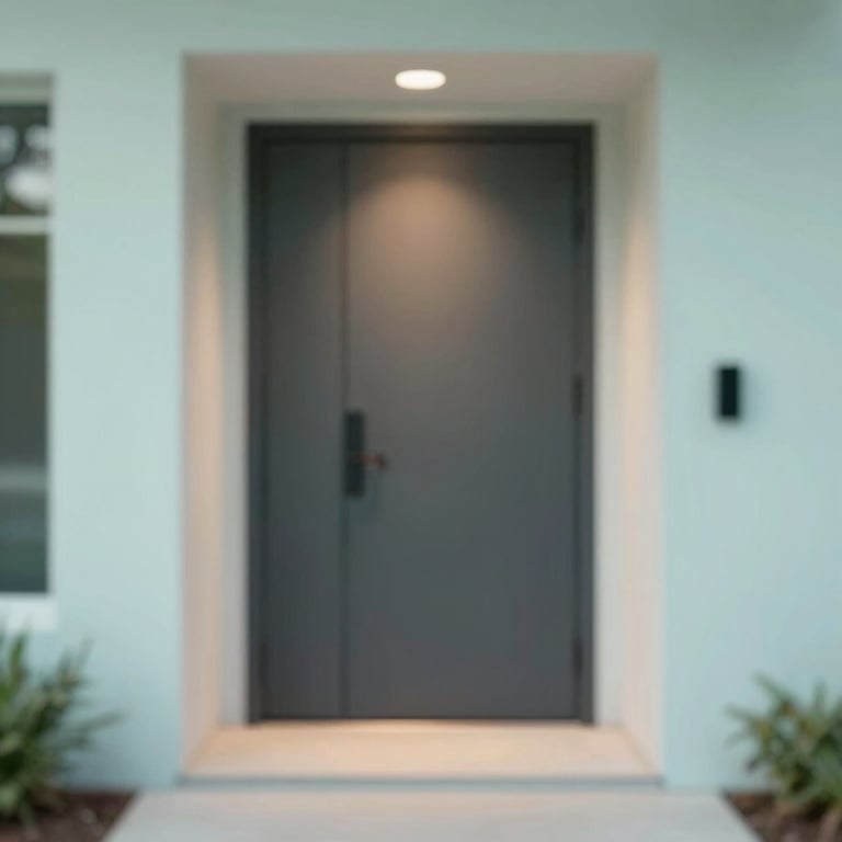 An elegant entryway of a modern house with a minimalist door and soft #5B8FB3 lighting.