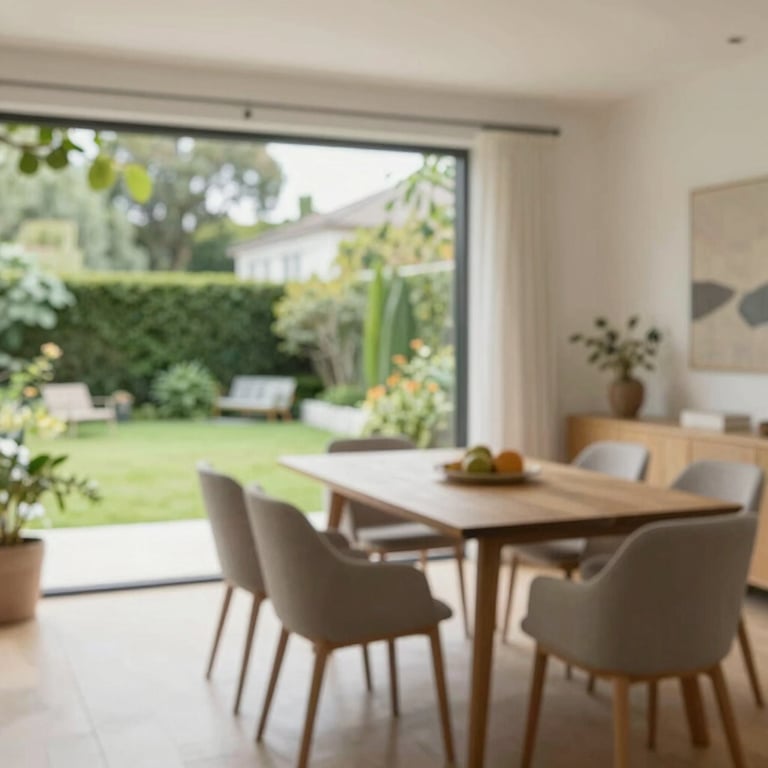 A bright, open-plan dining area with a view of a manicured residential garden.