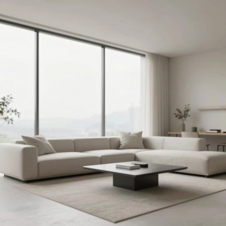 Minimalist living room with floor-to-ceiling windows and neutral #F5F7F8 furniture.