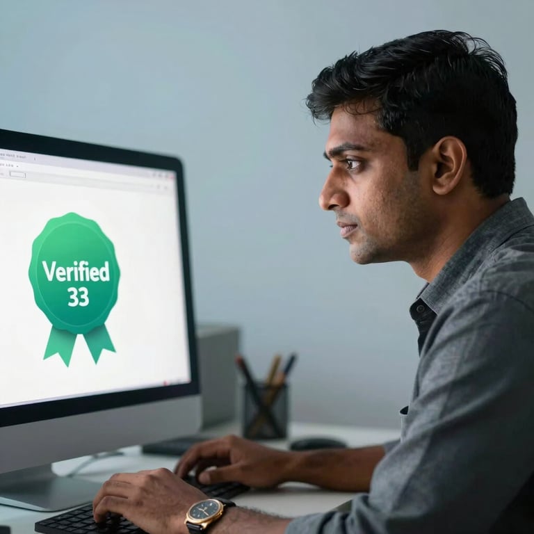 A professional in a South Asian / Indian office looking at a screen with a 'Verified' badge, soft muted sky blue background.