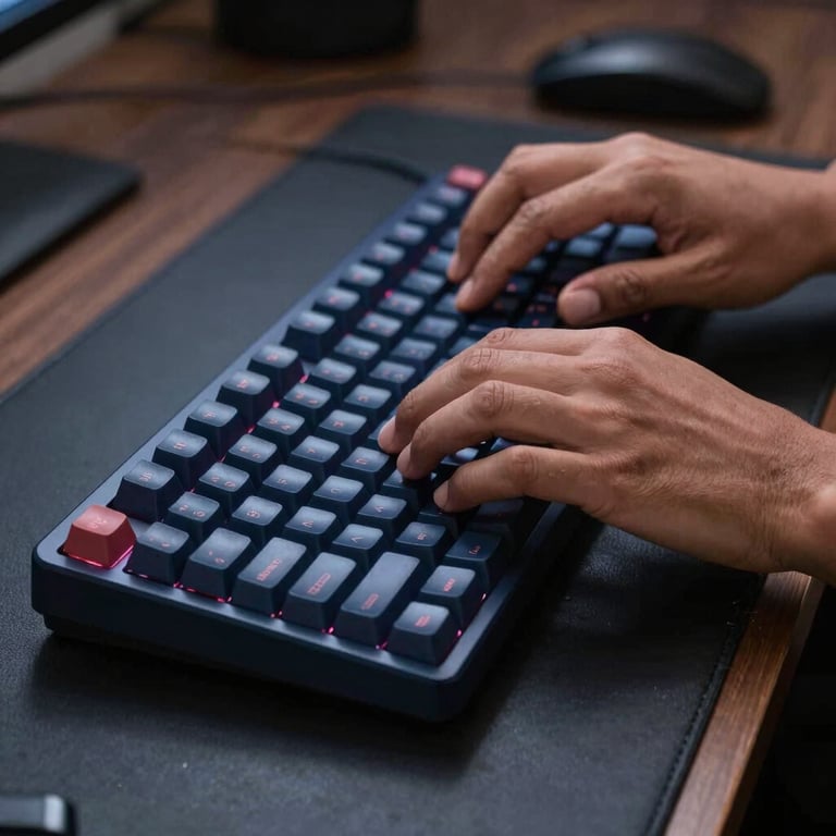 A close-up of hands typing on a mechanical keyboard in a dark navy-themed gaming setup in a South Asian / Indian home.