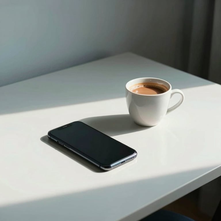 A minimalist desk in a South Asian / Indian urban apartment, featuring a smartphone and a cup of chai, pale azure morning light.