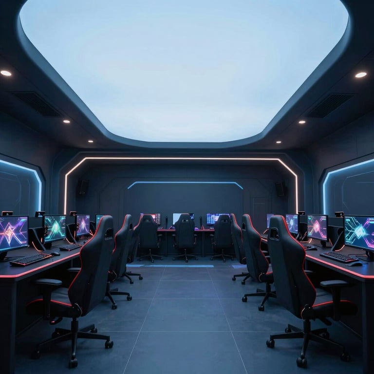 A wide shot of a futuristic South Asian / Indian gaming arena interior with dark navy and muted sky blue lighting.