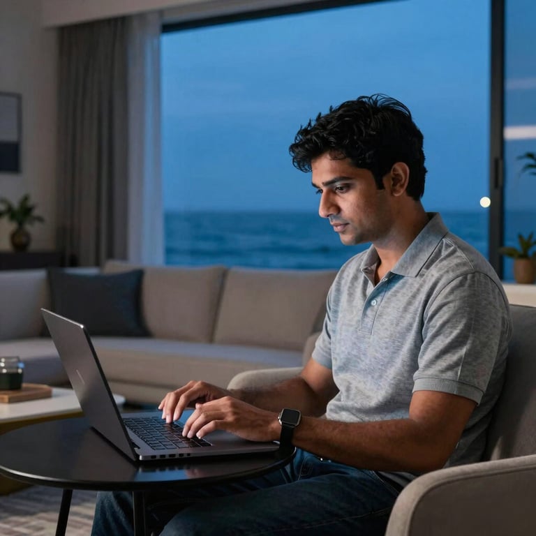 A modern South Asian / Indian living room at dusk with deep ocean blue accents and a person playing on a high-spec laptop.