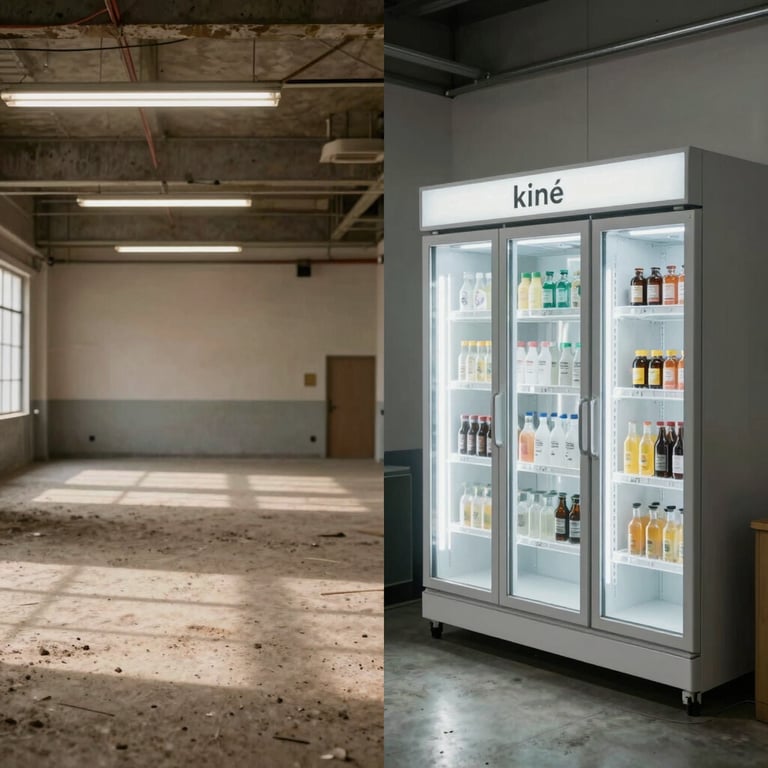 A split image concept showing a dusty, empty commercial space on one side and a brightly lit, modern kiné cabinet on the other.
