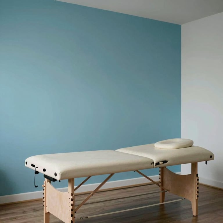 A wide shot of a minimalist physiotherapy treatment room in France, featuring a sky blue accent wall and professional treatment table.