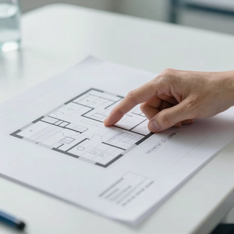 Close-up of a hand pointing at a detailed architectural floor plan of a medical clinic on a bright white table.