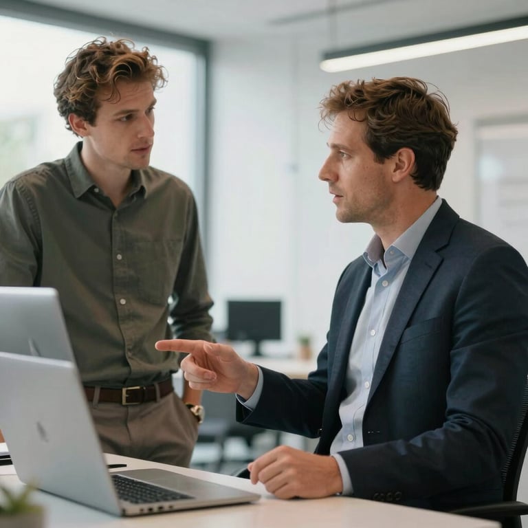 A professional Western European / French duo discussing architectural details in a bright, modern office setting.