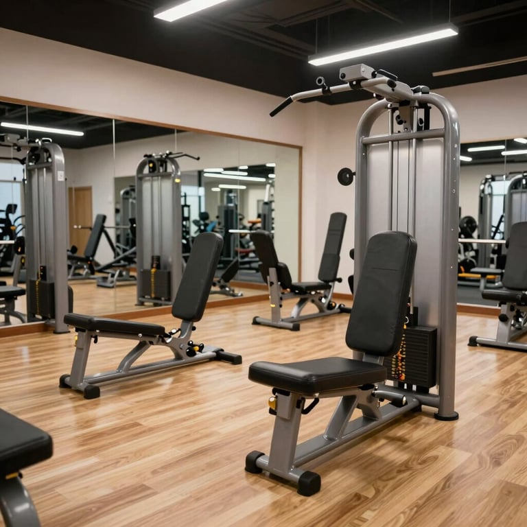 An interior shot of a rehab gym area with wooden floors and modern exercise equipment, very clean and professional.