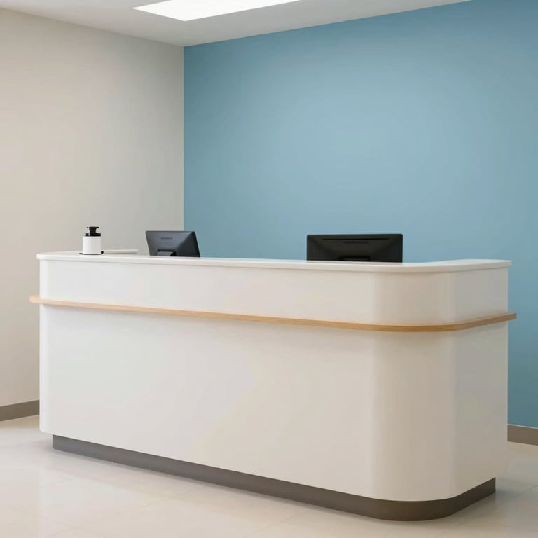 A minimalist reception desk in a health center with a professional atmosphere, using off-white and sky blue tones.