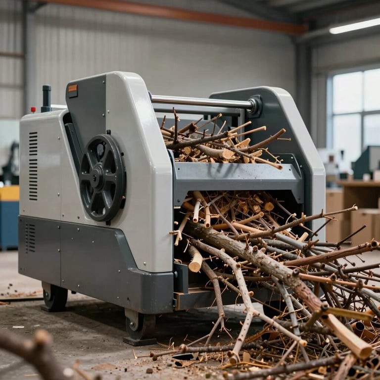 Modern wood chipper machine processing branches in a clean, organized work site in Central Europe.