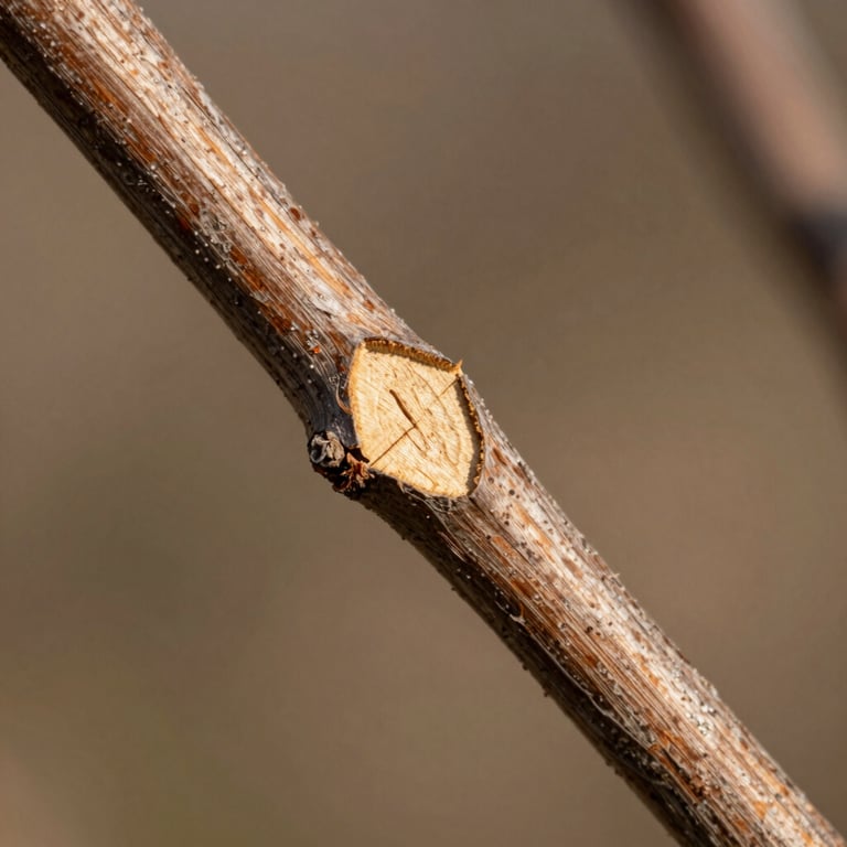 Precision tree pruning detail showing clean cuts on a healthy branch, wood texture visible, tan tones.