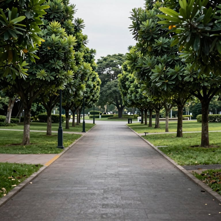 Landscape view of a public park with perfectly maintained trees and clean walking paths, reflecting high standards of care.