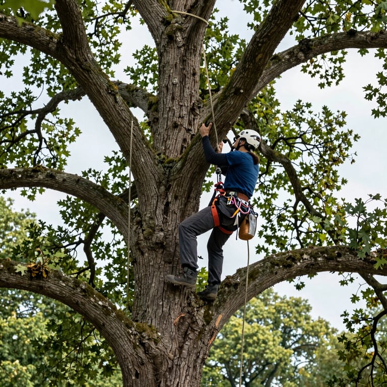 Professional arborist climbing a large oak tree in a Polish park using safety ropes, bright natural daylight.