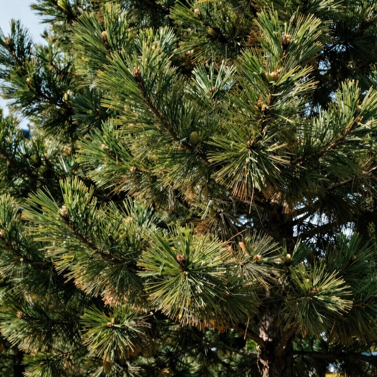 Close-up of a pine tree canopy in a well-maintained urban forest, sunlight filtering through needles, professional photography.