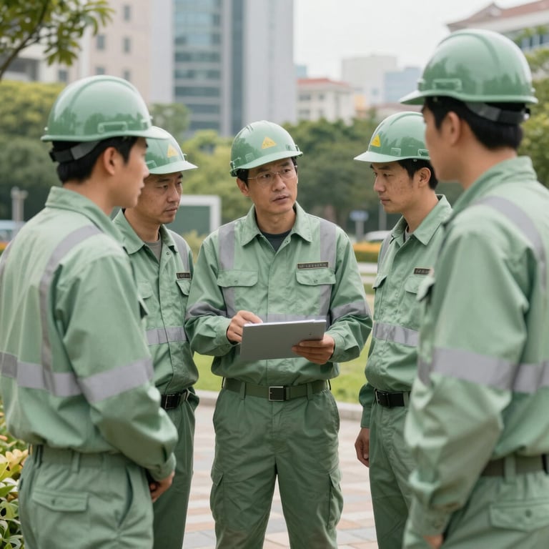 A group of arborists in professional sage green and high-visibility uniforms discussing a project in a municipal green area.