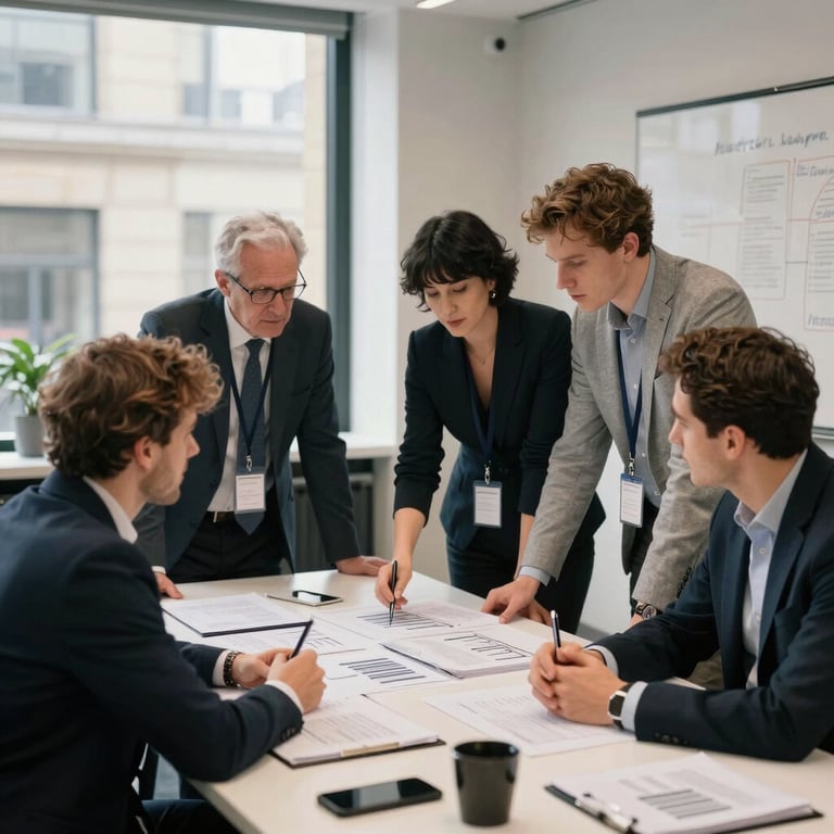 A professional team collaboration in a sophisticated London workspace, focusing on strategic planning and long-term client success.