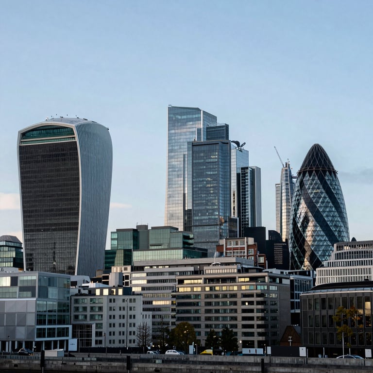 A wide-angle shot of the City of London financial district skyline under a clear sky, highlighting corporate strength and innovation.