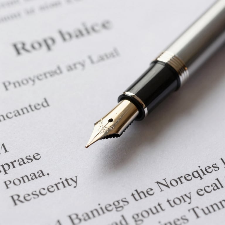 Close-up of a high-quality fountain pen on a legal financial document, representing integrity and formal commitment in a British setting.