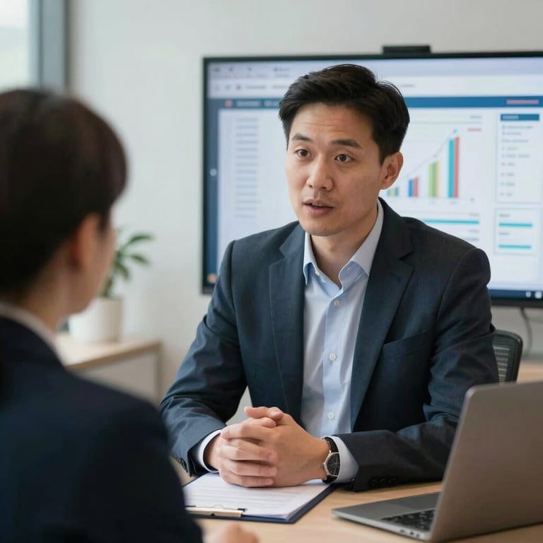 A focused shot of a professional financial advisor in the United Kingdom discussing data on a screen with a client in a bright, professional office.