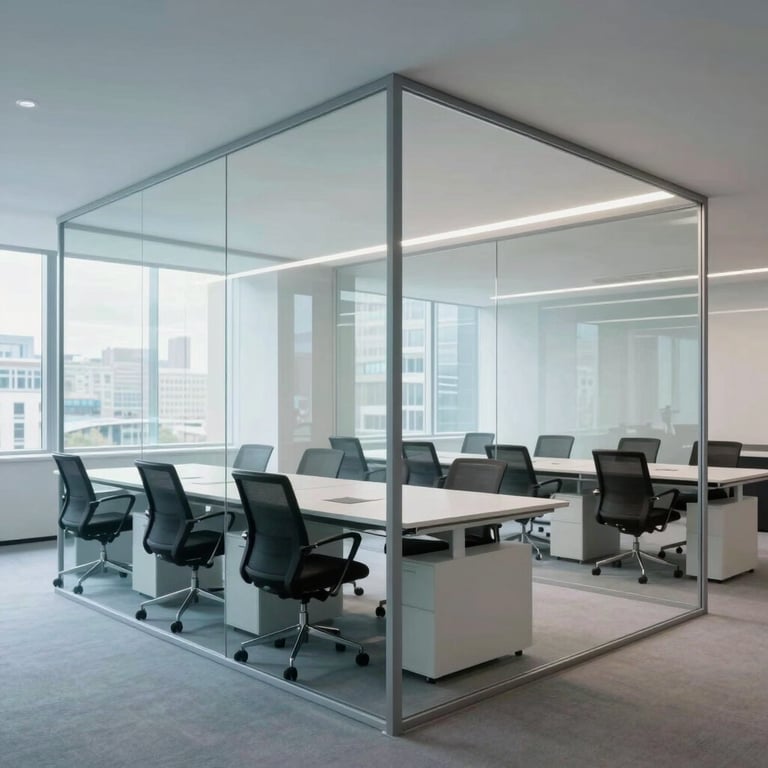 A modern, minimalist office interior in London with pale blue grey and soft white tones, radiating transparency and forward-thinking design.