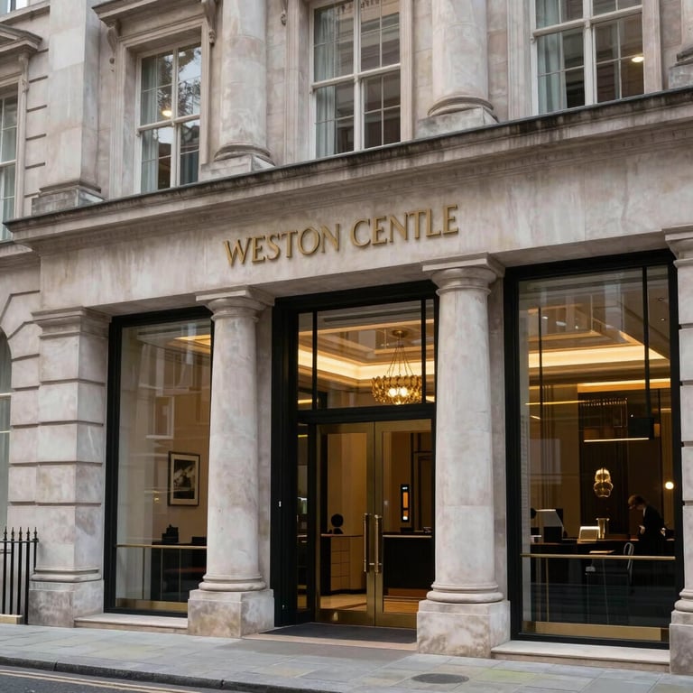 The exterior of the Weston Centre at 10 Grosvenor Street in London, showing sophisticated British architecture and a professional business entrance.