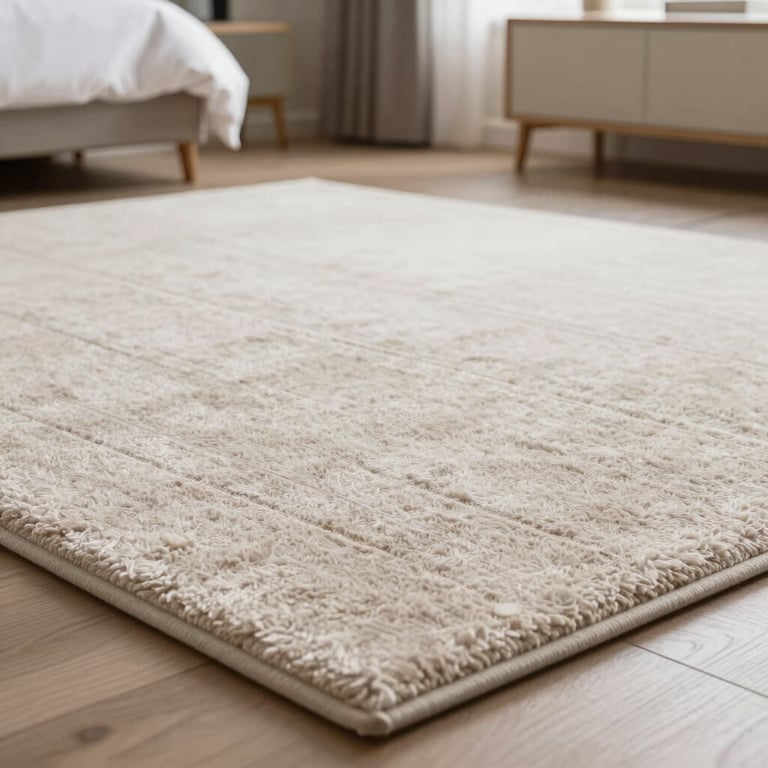 Close-up of vacuumed plush carpet with clean lines in a North American suburban bedroom.