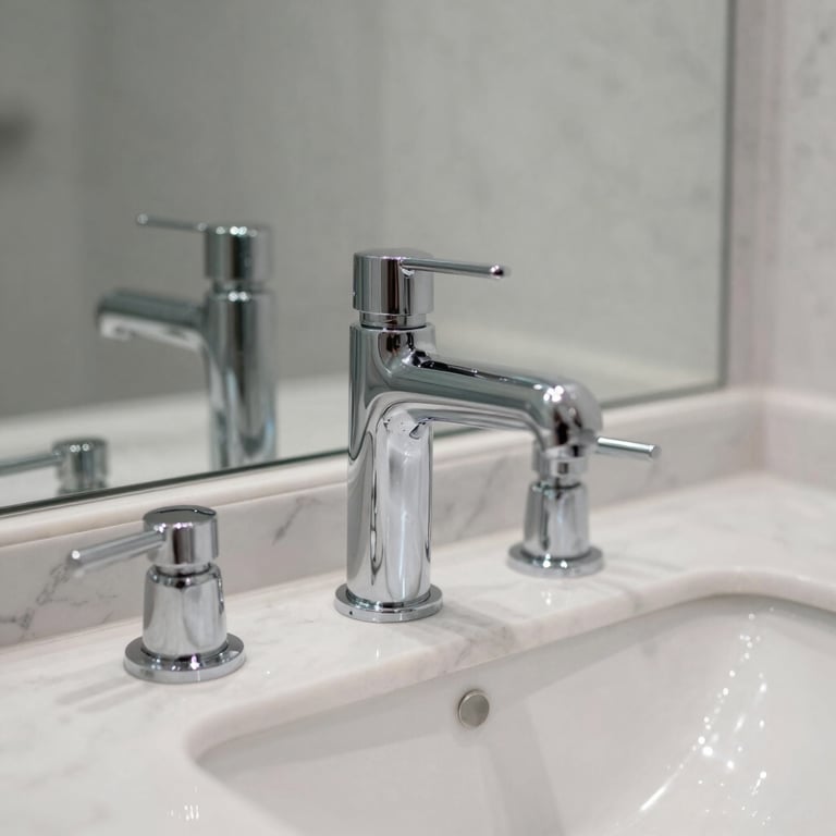 An elegant, minimalist bathroom with sparkling chrome fixtures and white marble surfaces.
