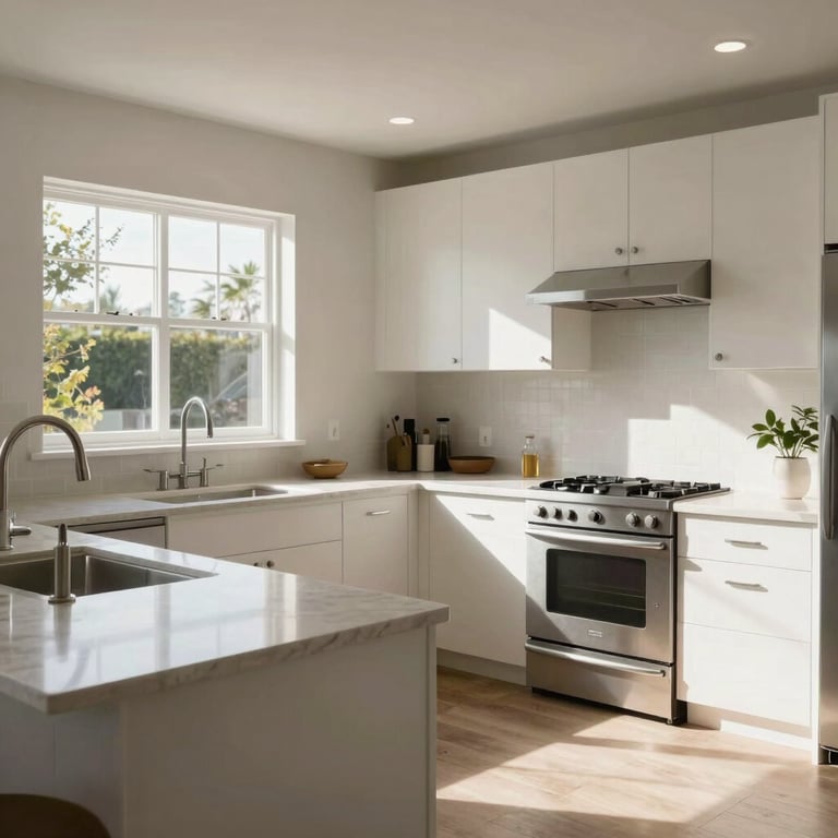 A spotless, sun-drenched modern kitchen in a Sacramento, California residential home.
