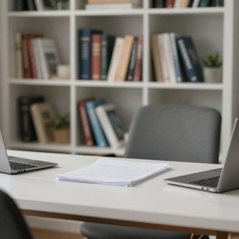 A tidy professional home office with organized books and a clean desk in California.