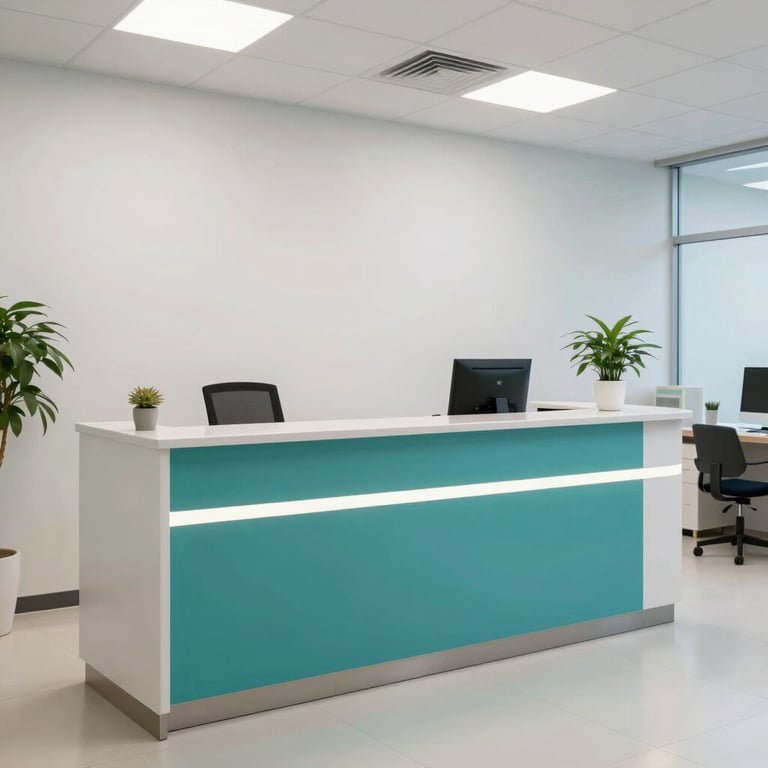 A crisp, professionally cleaned medical office reception area with minimalist decor and teal accents.