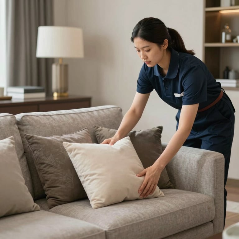 A professional cleaner neatly arranging pillows on a couch in a luxury Sacramento living room.