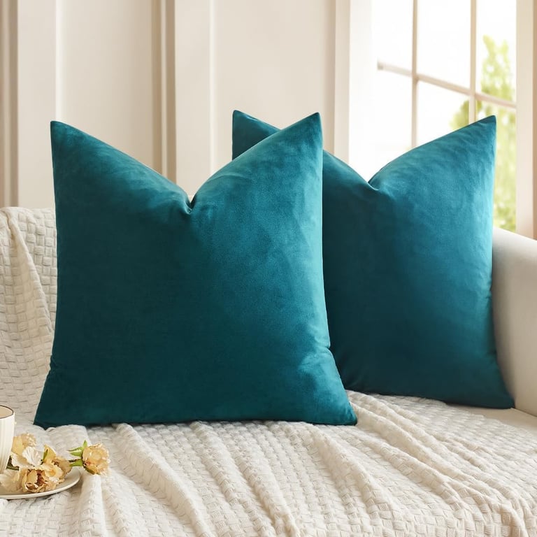 Pair of teal velvet decorative throw pillows on a white textured sofa for modern living room decor.