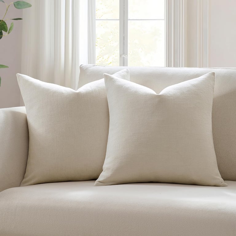 Two cream textured square throw pillows on a matching beige sofa in a bright living room.