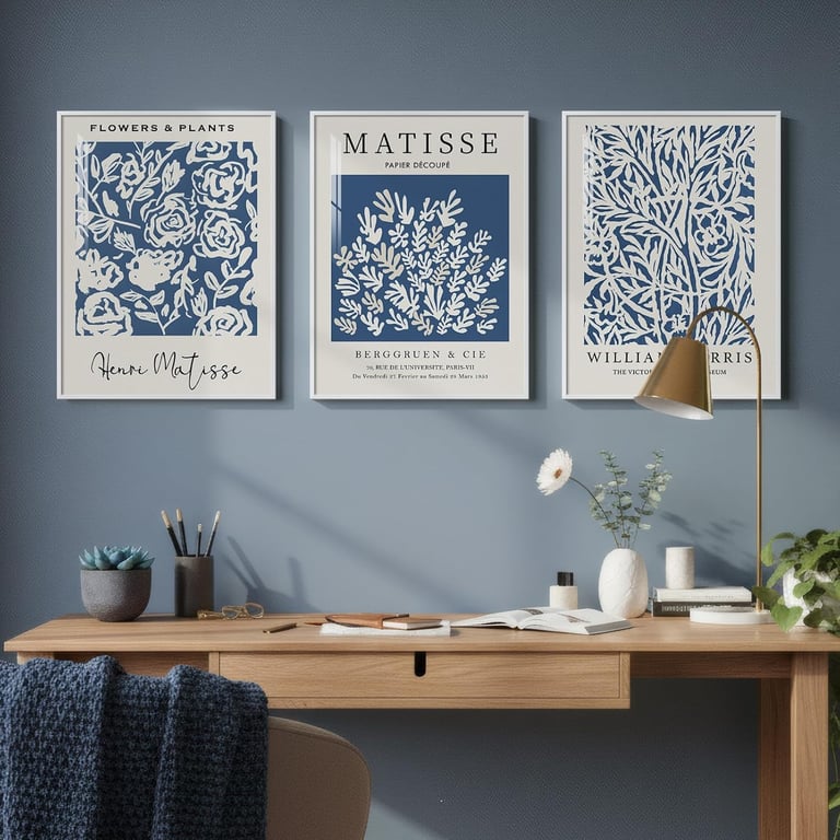 Three blue and white botanical art prints by Matisse and William Morris hung over a wooden desk.