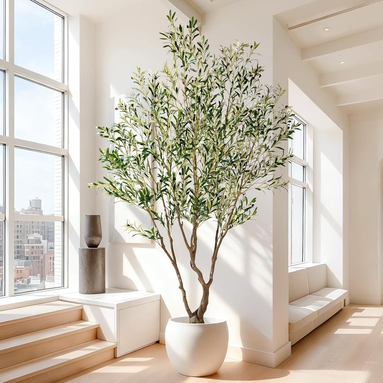 Large artificial olive tree in a white pot standing in a bright, modern living room.