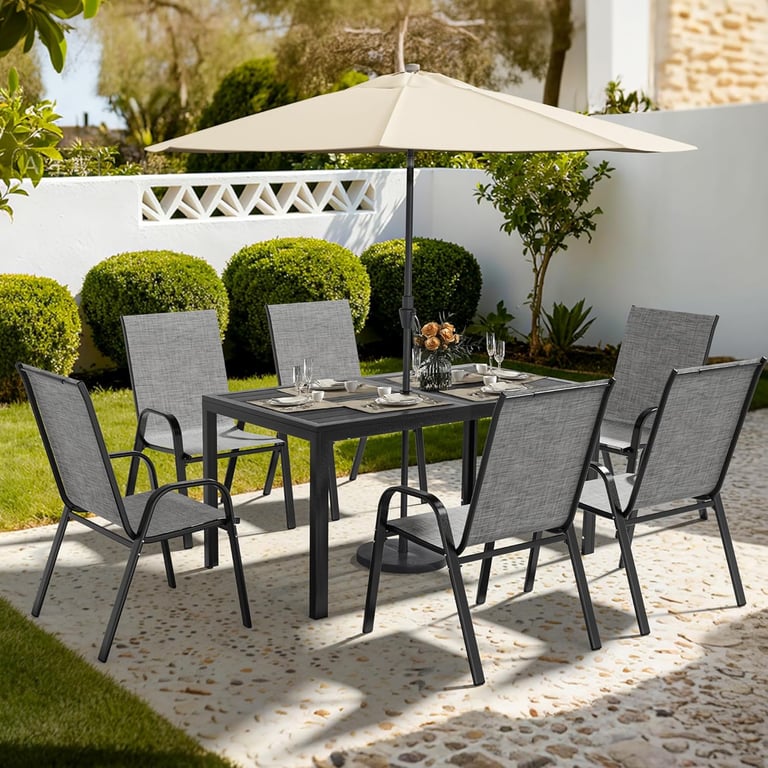Seven-piece outdoor patio dining set with a rectangular table, grey mesh chairs, and a beige umbrella.