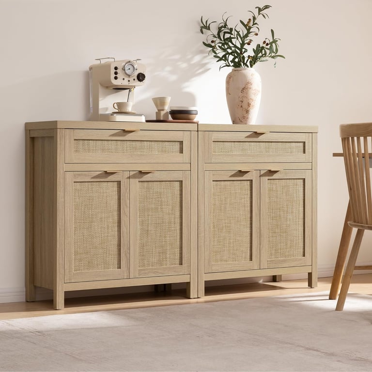 Modern light wood sideboard with woven rattan doors and a coffee maker on top.