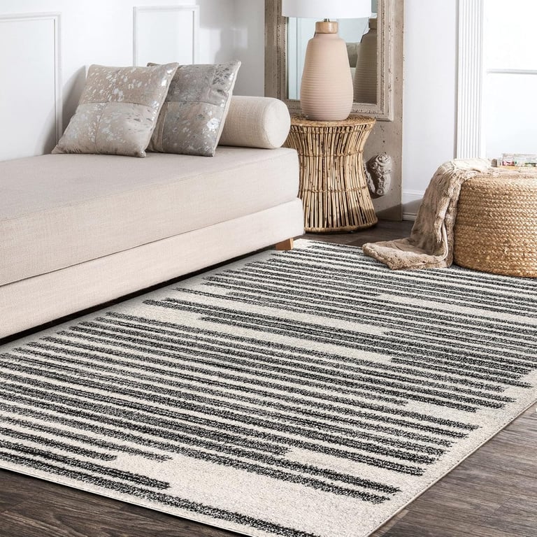 Modern black and white striped area rug in a stylish living room with boho decor.